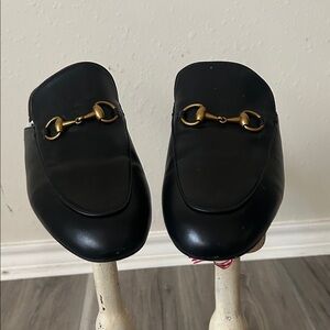 Gucci/Princetown Style Black Mules with Gold Buckle